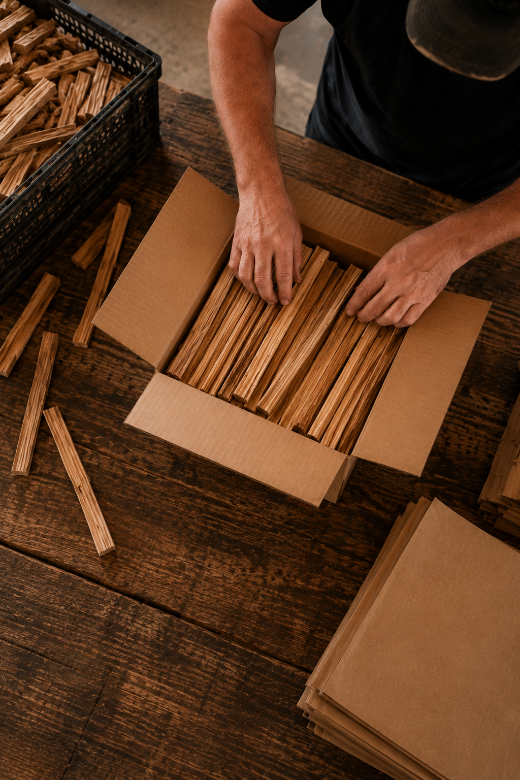 The Fire Monkey family hand-packing fatwood boxes in their Texas workshop