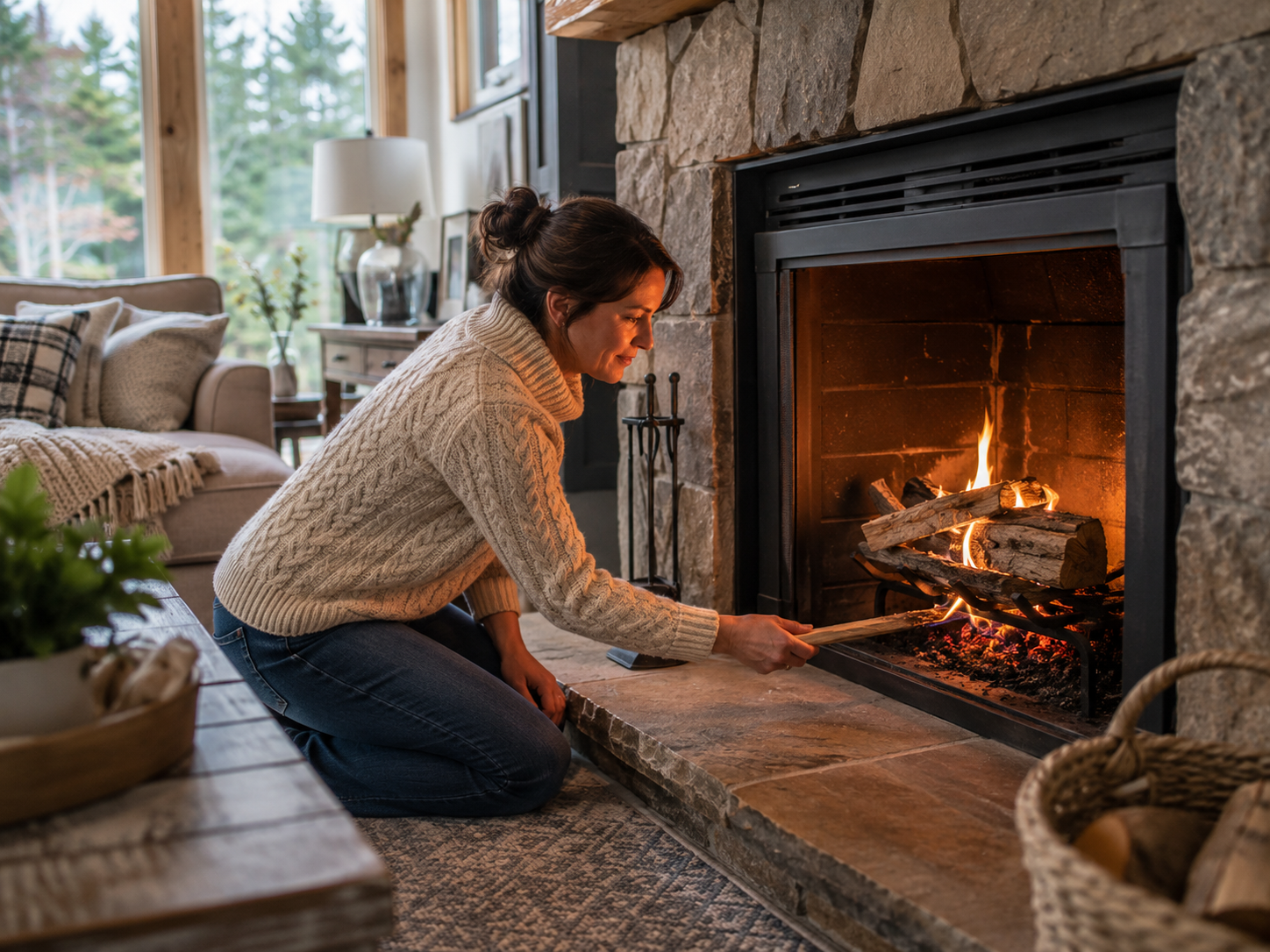Lighting an indoor fireplace with fatwood