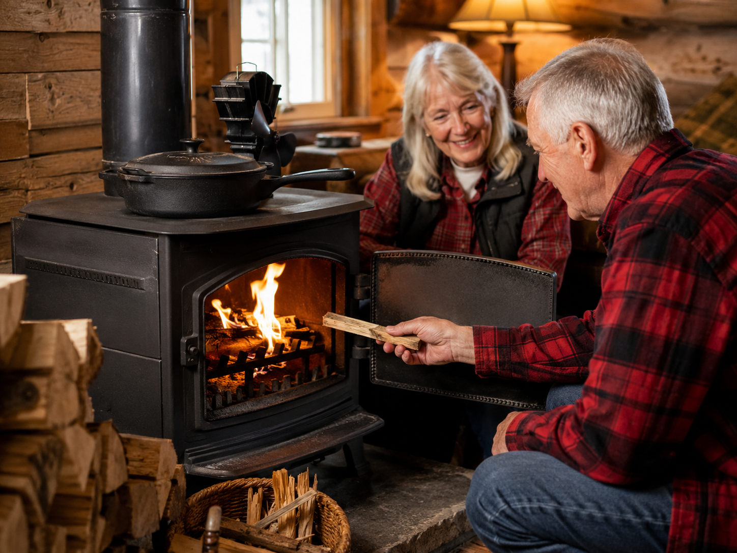 Couple enjoying a fireplace lit with fatwood