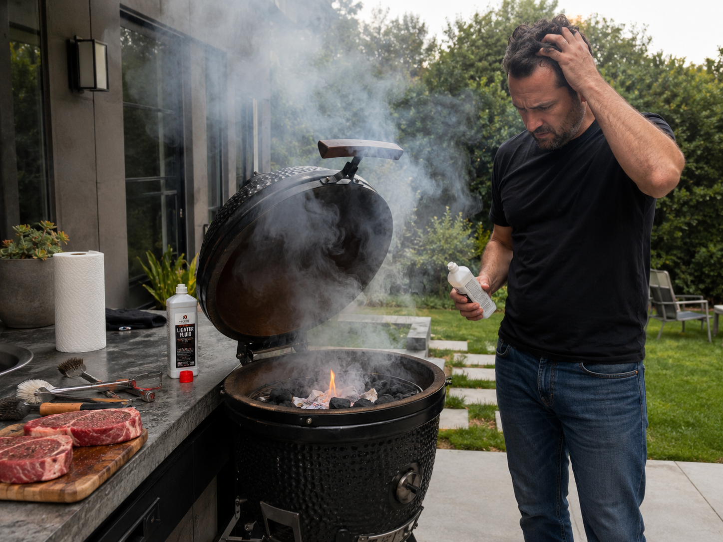 Smoking grill struggling to light with newspaper