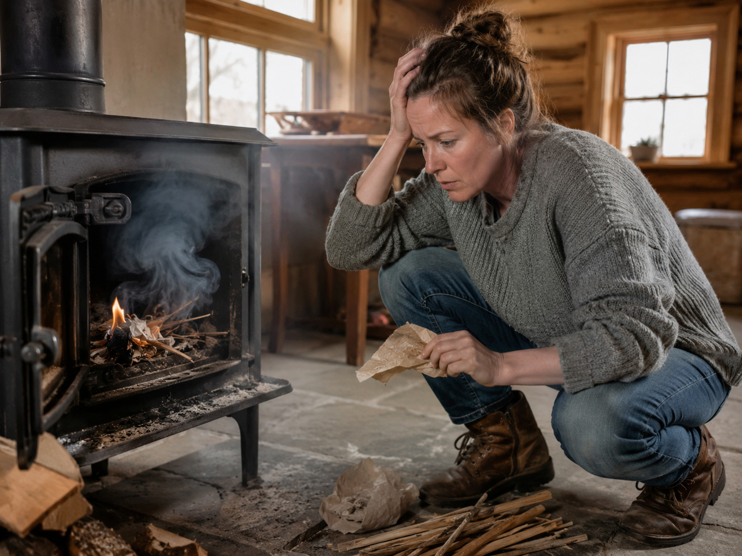 Trying to light an indoor fireplace with newspaper and cardboard