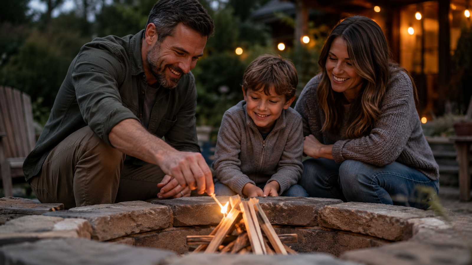Family lighting a backyard fire pit with Fire Monkey Fatwood