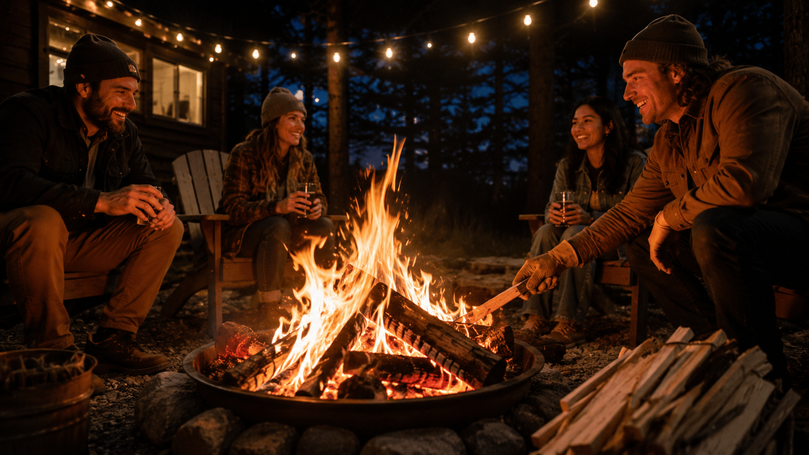 Friends gathered around a roaring bonfire