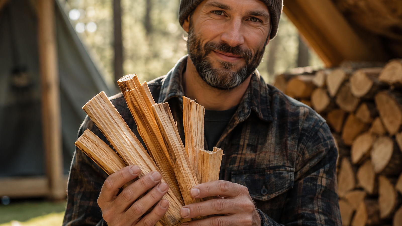 Man holding a bundle of fatwood sticks