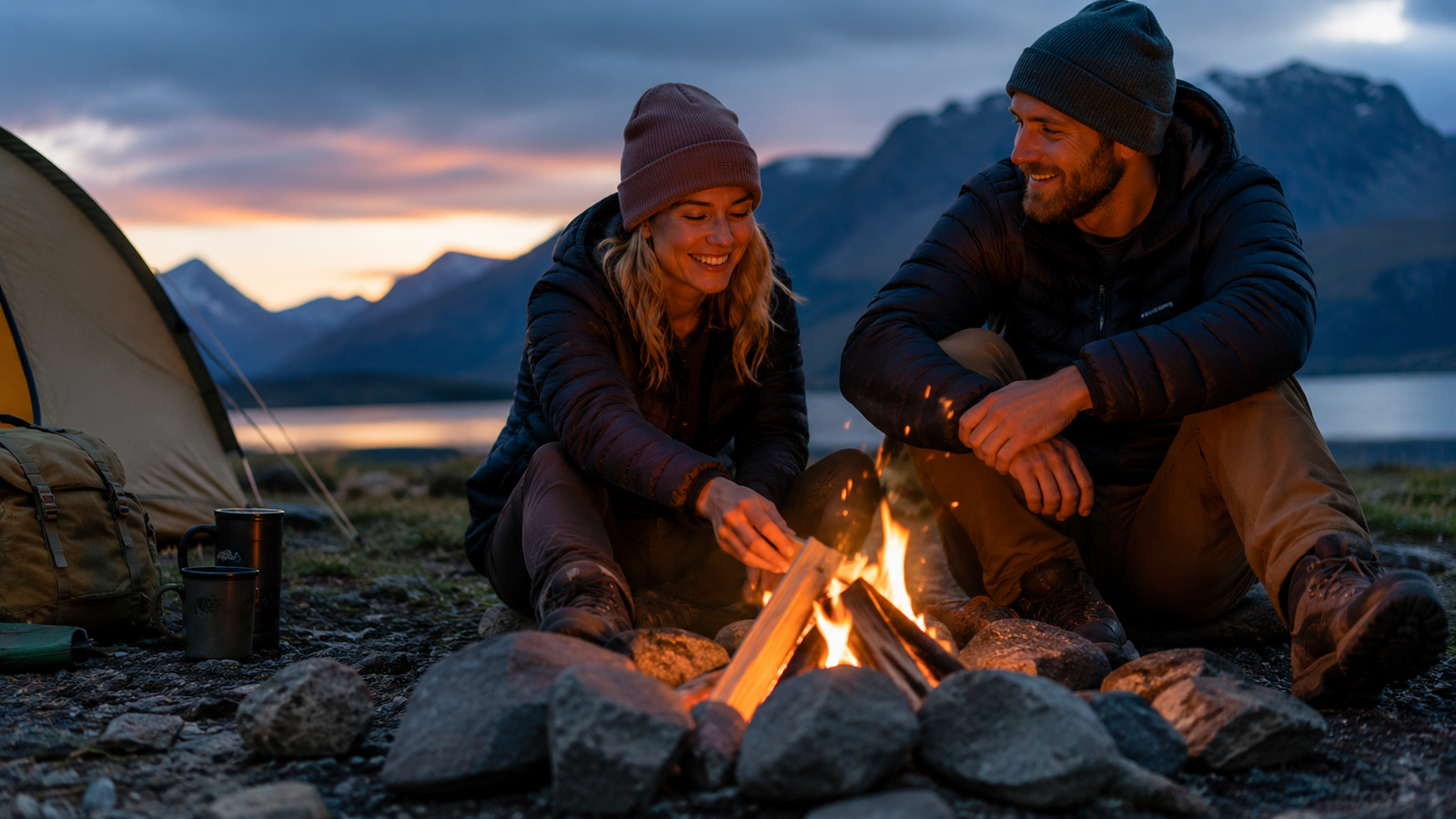 Couple camping by a lake with a fire pit